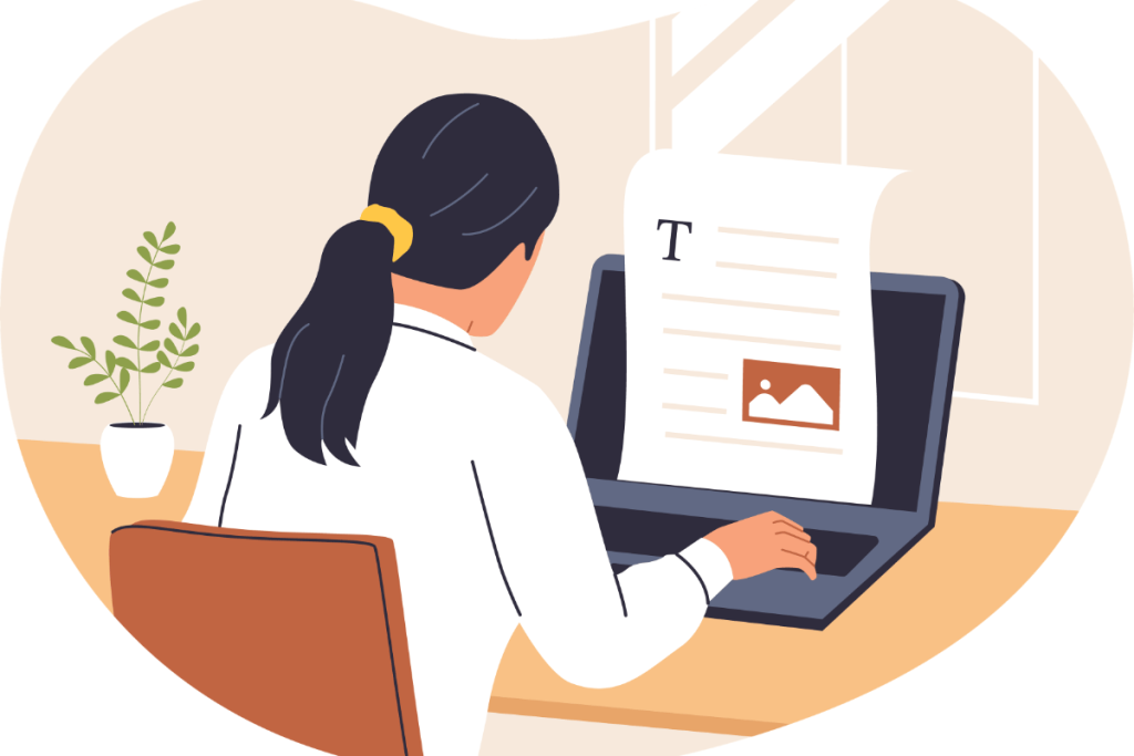 ilustrasi perempuan sedang menulis di depan laptop